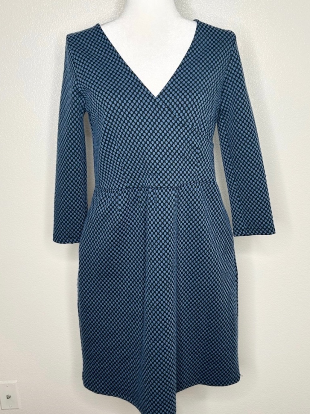 HD In Paris Anthropologie Womens Blue Polka Dot Textured Faux Wrap Dress Size M